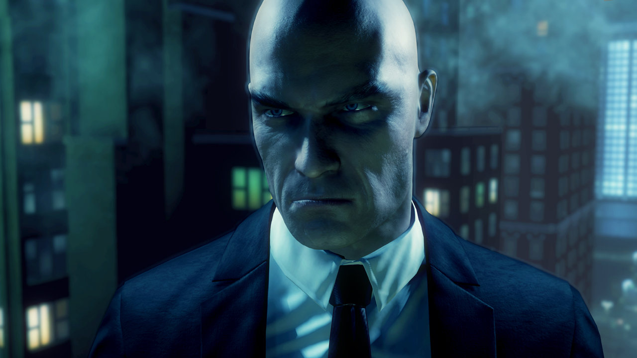 A close up of Agent 47's head.