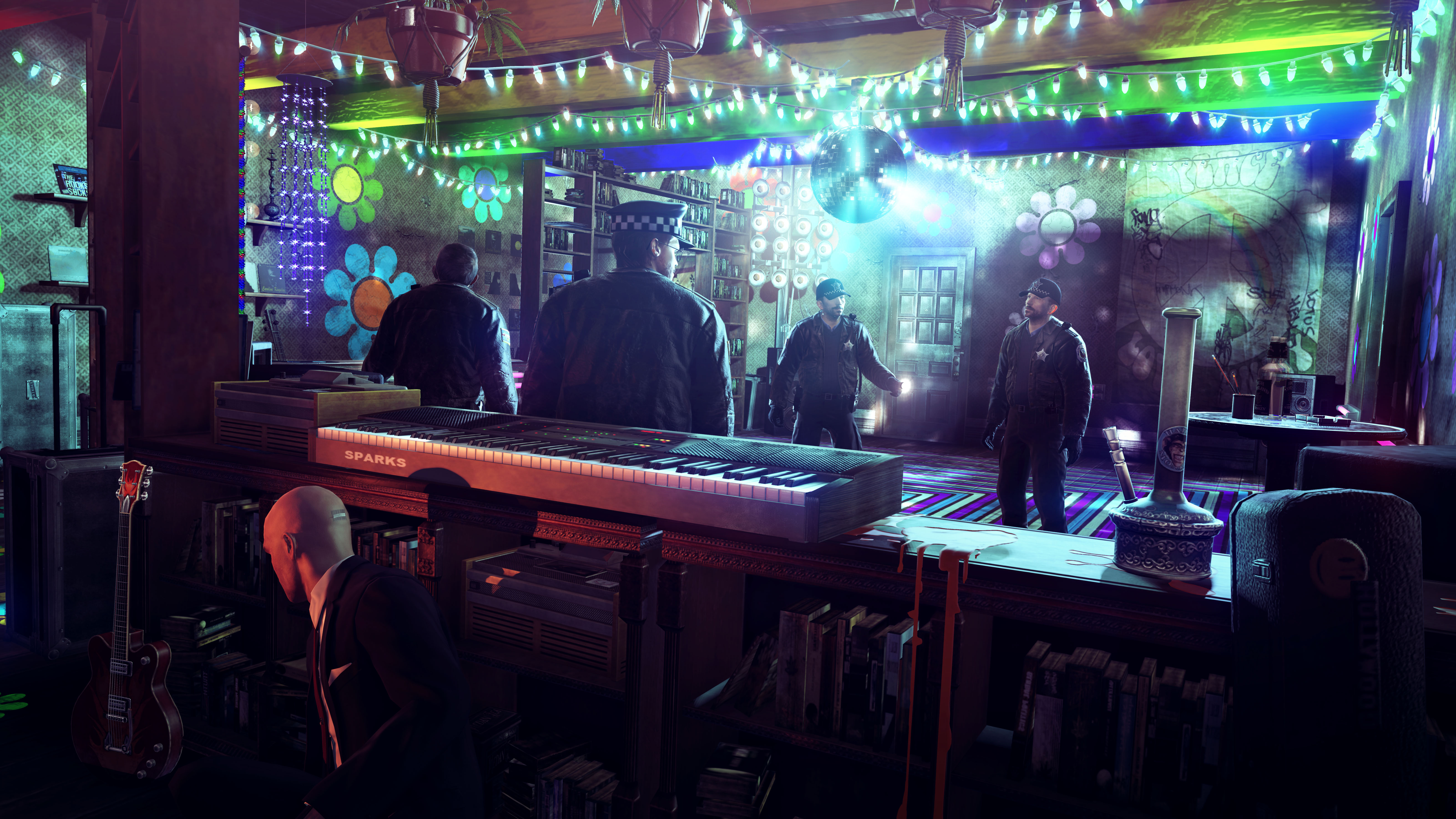 Agent 47 is hiding behind a mixing desk whilst Police Officers dance under a disco ball.