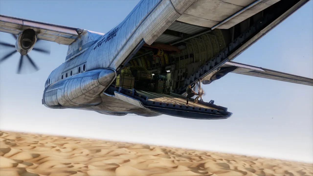 Two people fight on the cargo door of an airborne plane