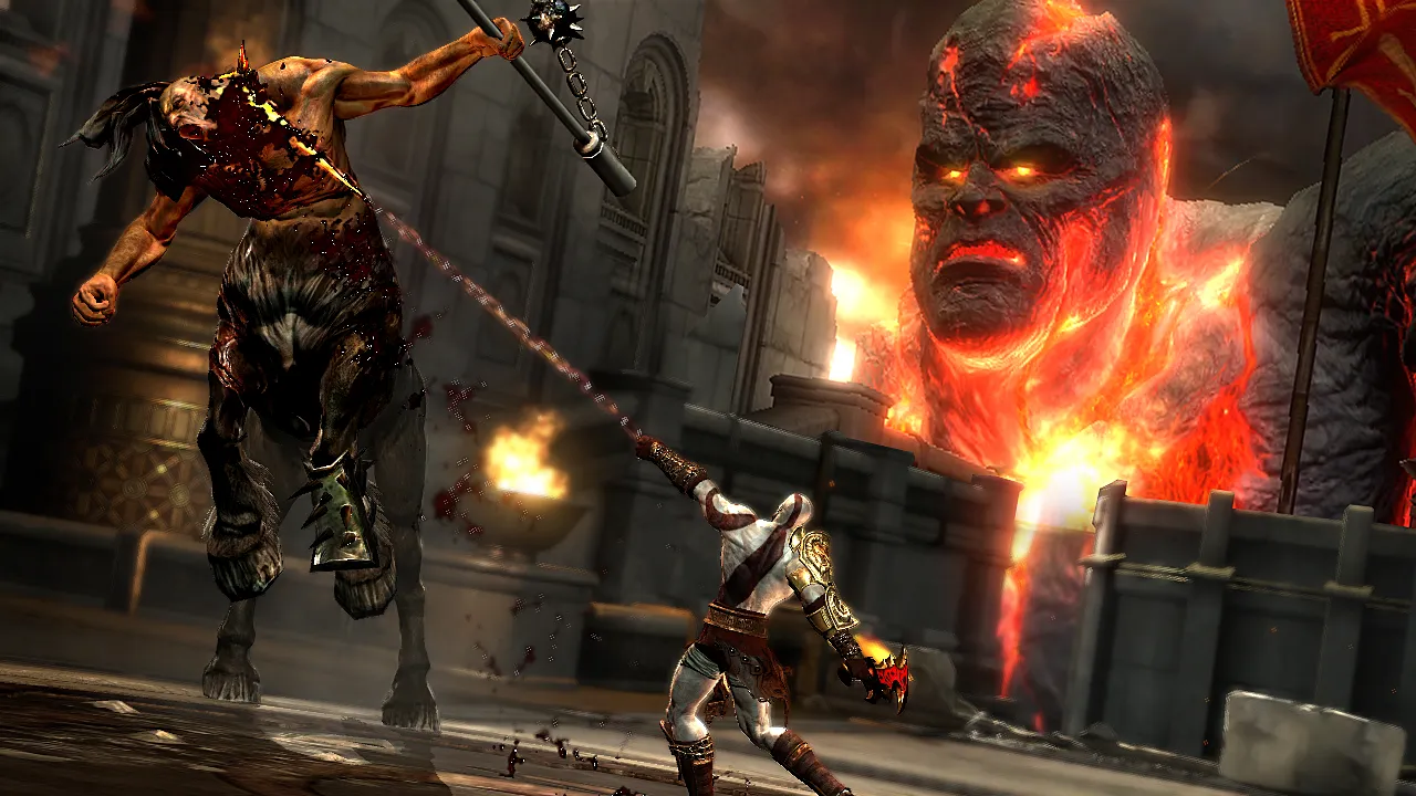 A giant titan in the background as Kratos performs a QTE on an enemy