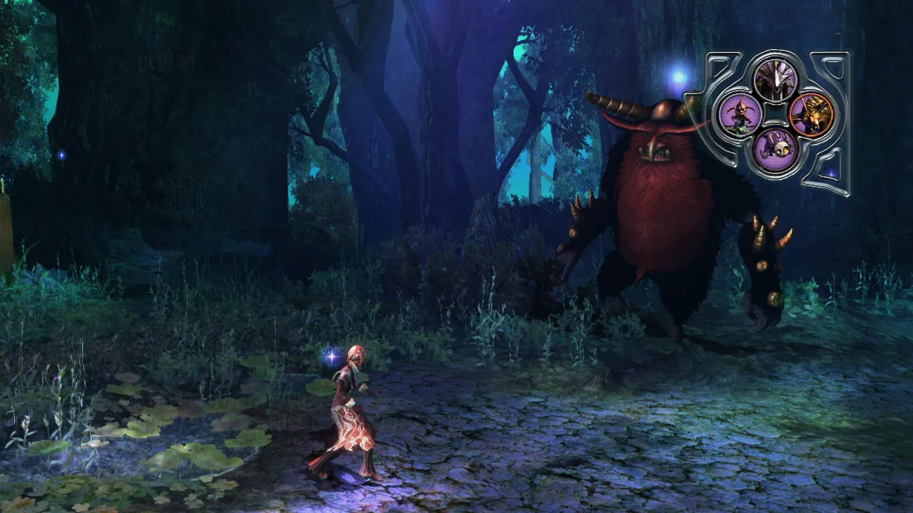 A woman standing in a forest clearing near a monster.