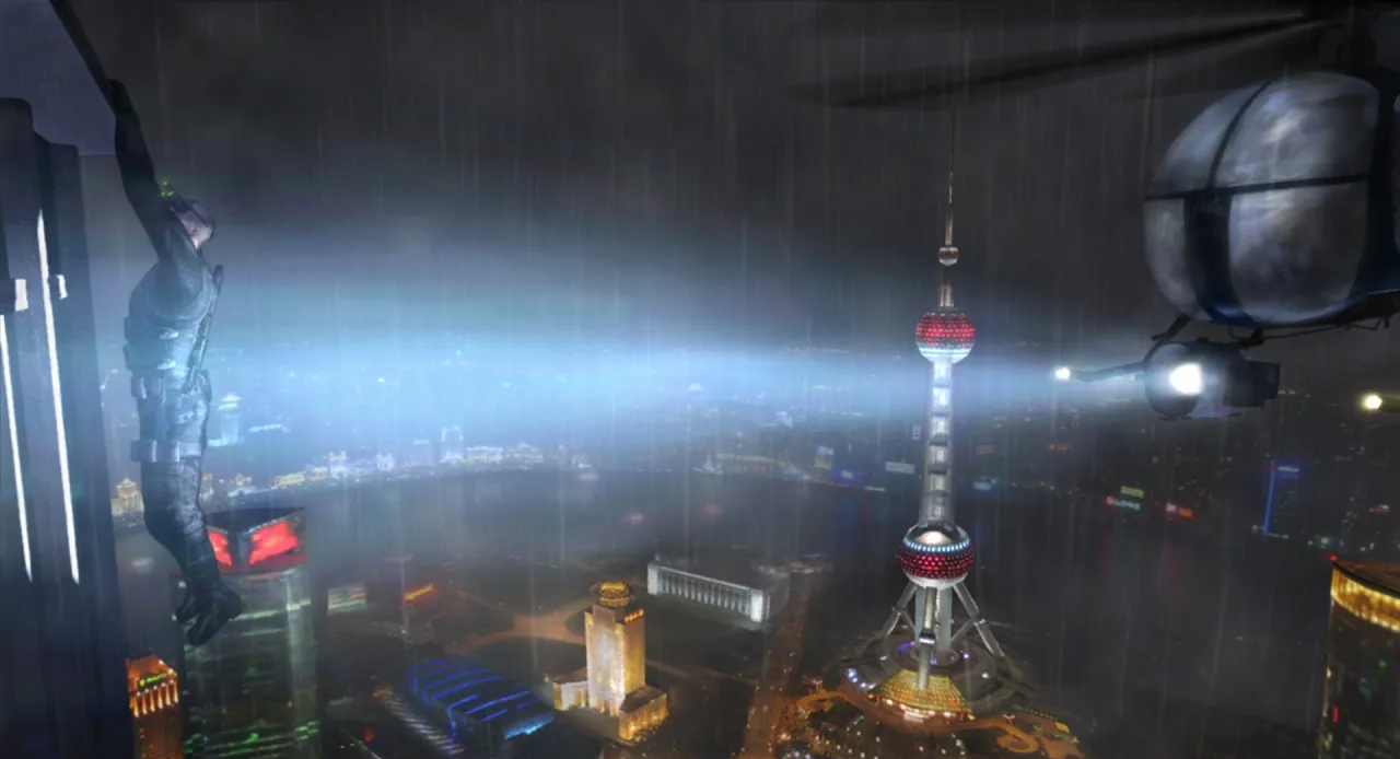 Sam Fisher hangs on the edge of a skyscraper whilst a helicopter searches for him.