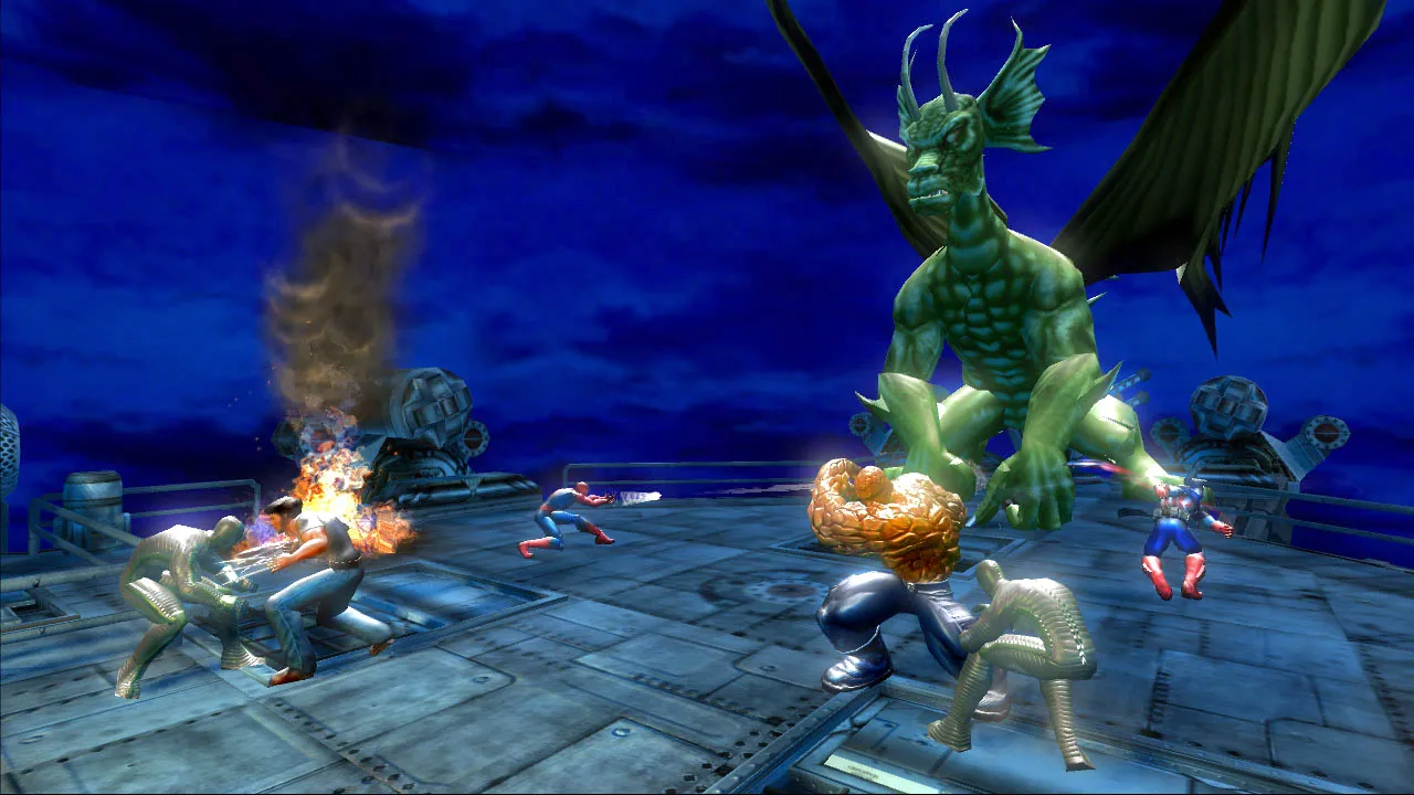 A group of superheroes fighting a boss