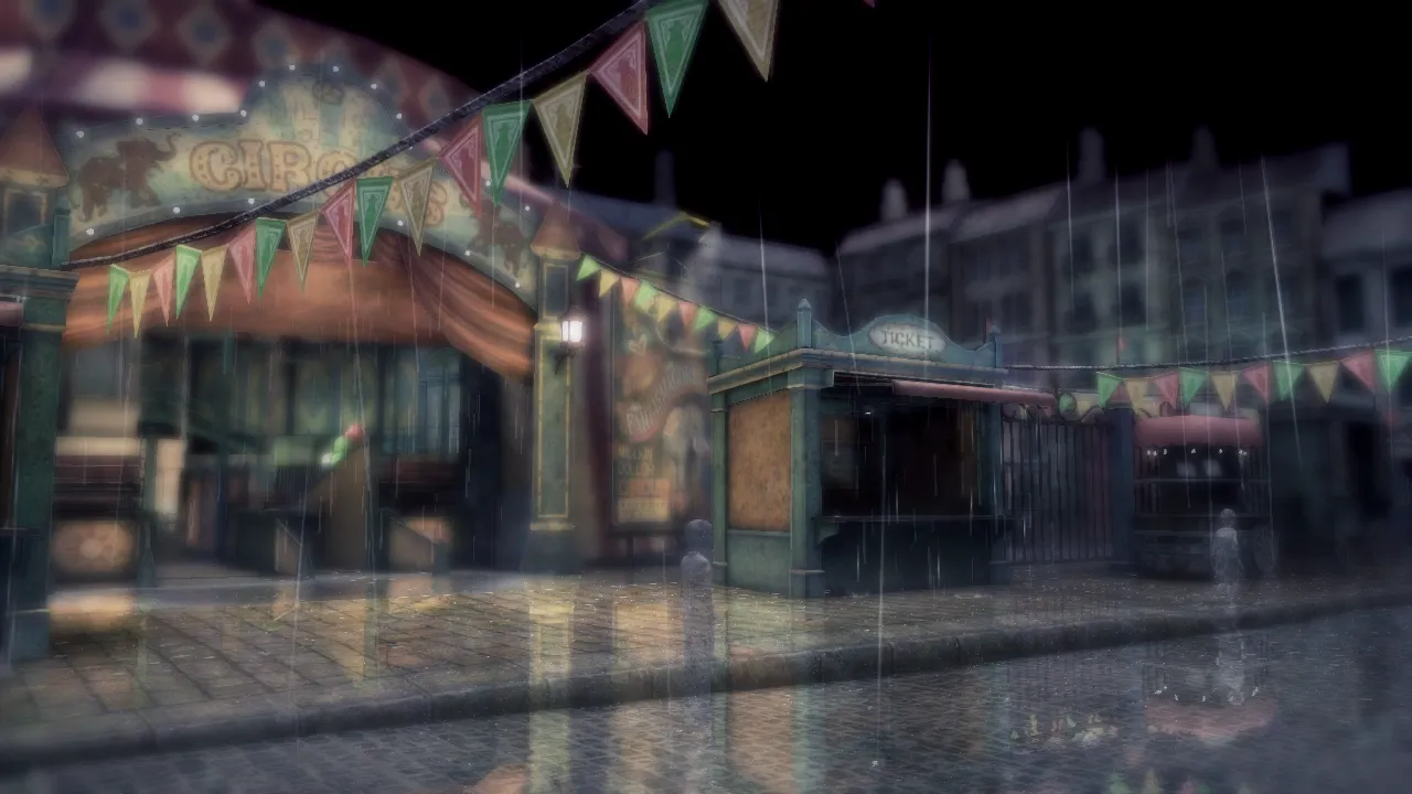 A ghostly figure standing in the rain outside a theme park.