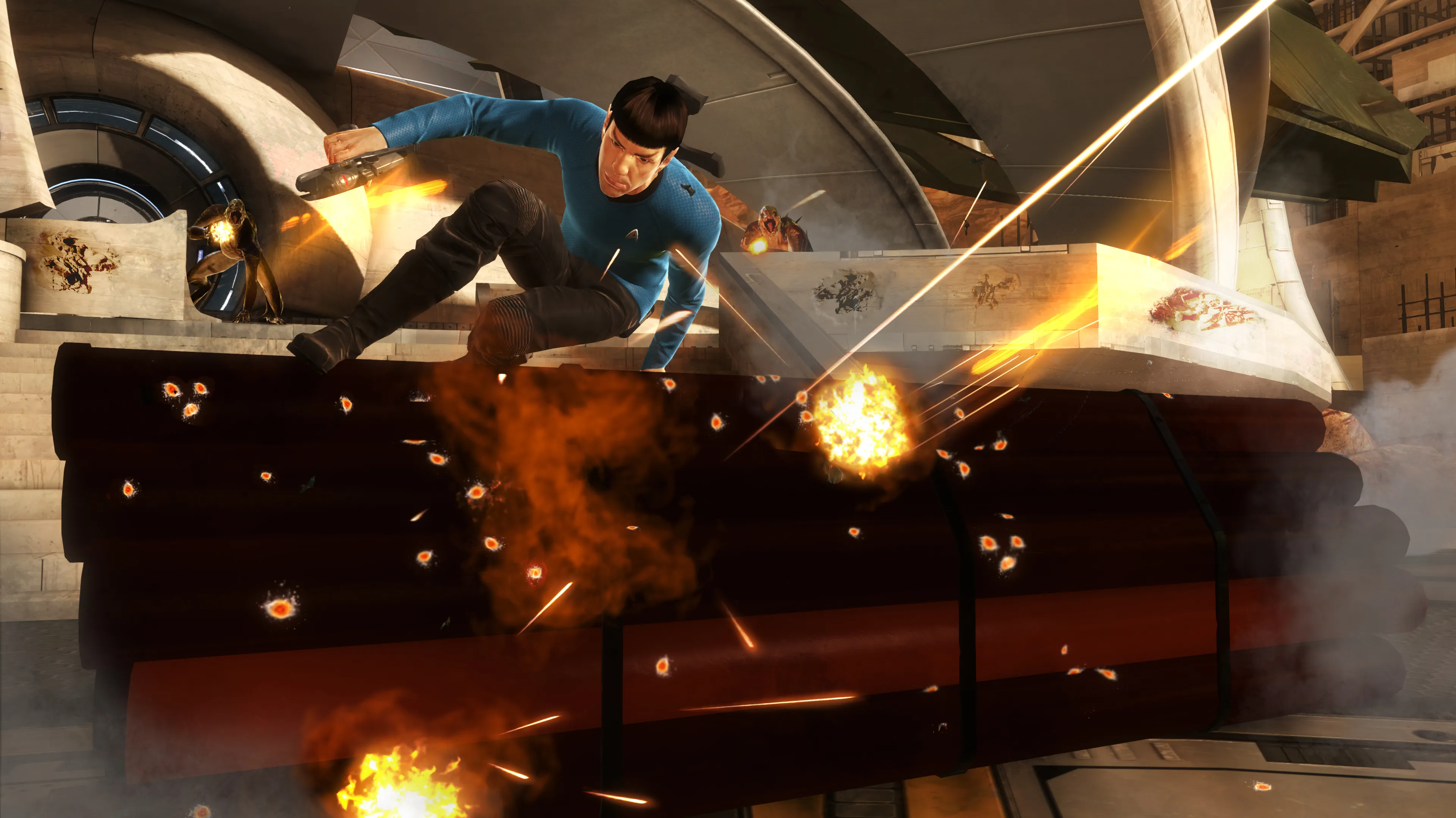 Spock leaping over a cover barrier