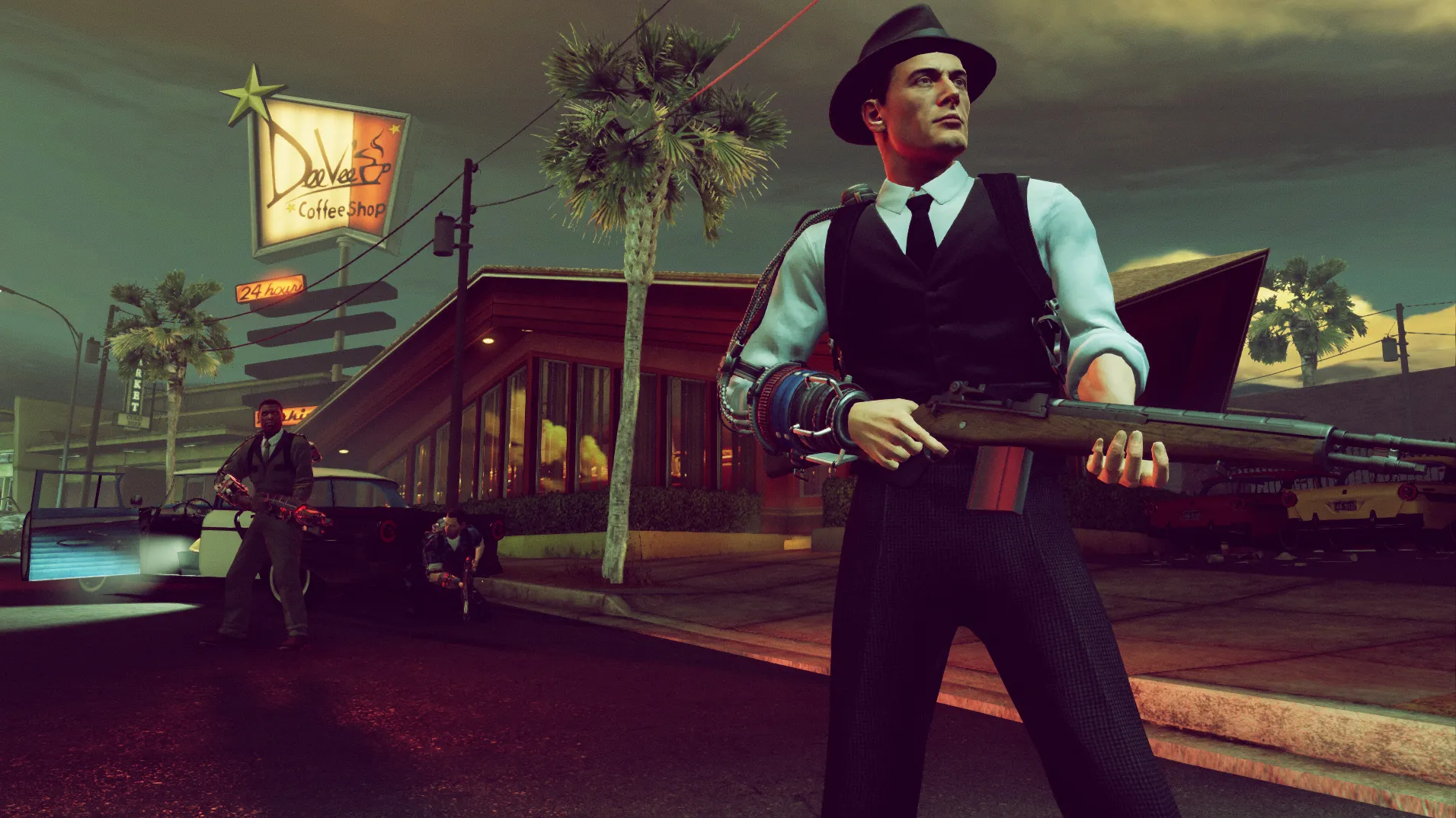 Agents in the street outside a motel