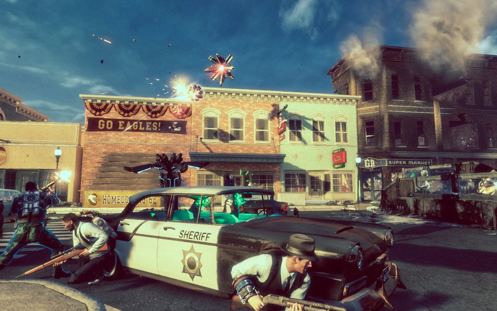Agents take cover against a police car fighting aliens in the sky